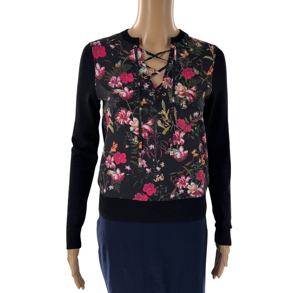 Ted Baker Black Floral Graciiy Lace Up Long Sleeve Sweater - Picture 2 of 9